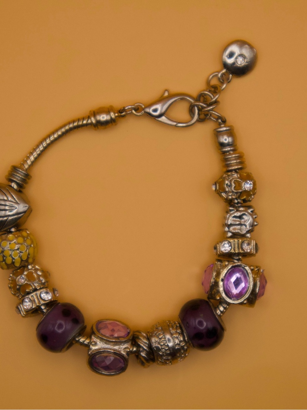 Gold-Tone Purple & Pink Bead Charm Bracelet - Unbranded
